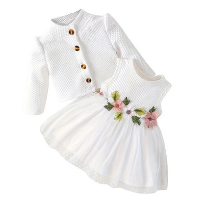 MISOWMNJOY Baby Girl Fall Outfit Spring Fall Long Sleeve Cardigan Coat Flower Embroidery Tulle Tank Dress Toddler 2 Piece Set
