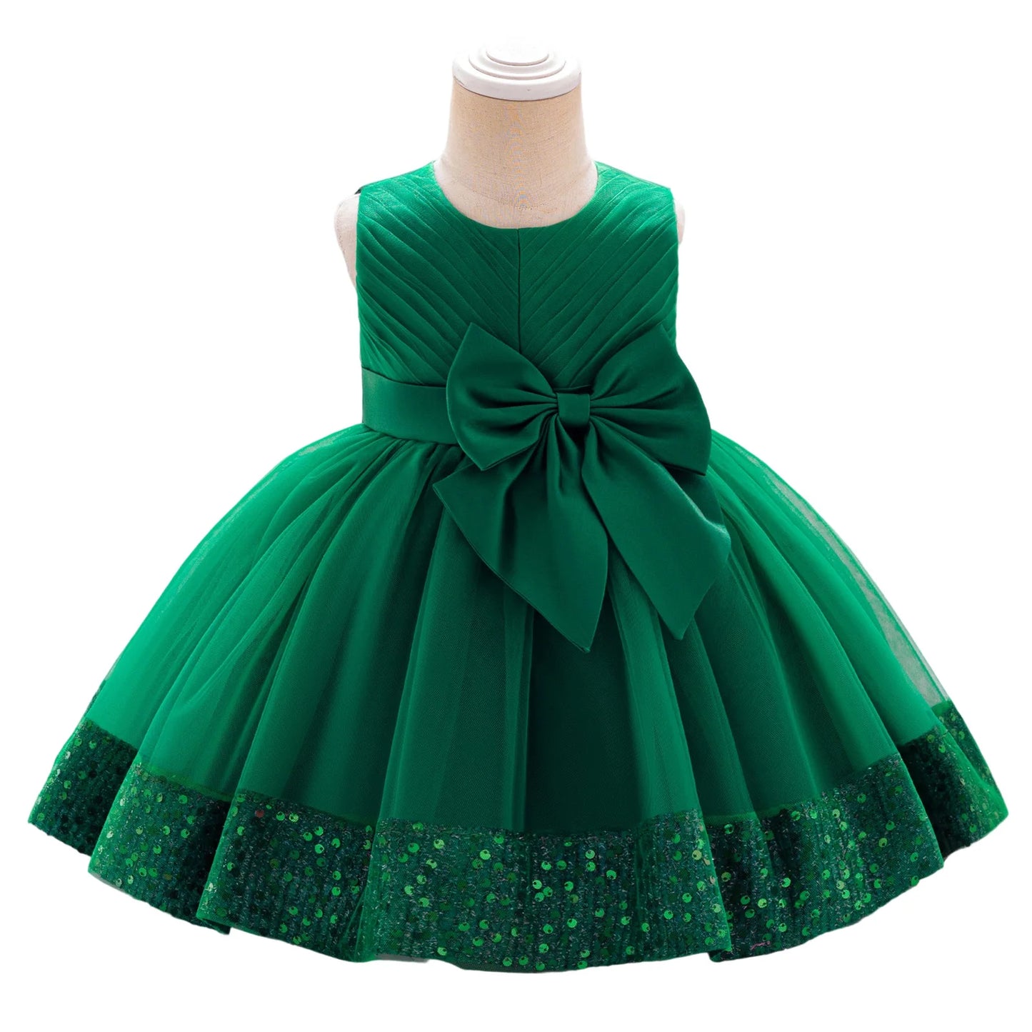 Girls Sleeveless Round Neck Sequins Hem Tulle Patchwork A-line Dress with Sparkling Embellishments and Bow Detail