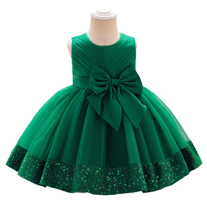 Girls Sleeveless Round Neck Sequins Hem Tulle Patchwork A-line Dress with Sparkling Embellishments and Bow Detail