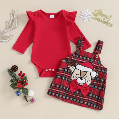 Newborn Baby Girl Christmas Outfits Solid Color Long Sleeve Rompers Deer Patch Plaid Suspender Skirts 2Pcs Clothes Set