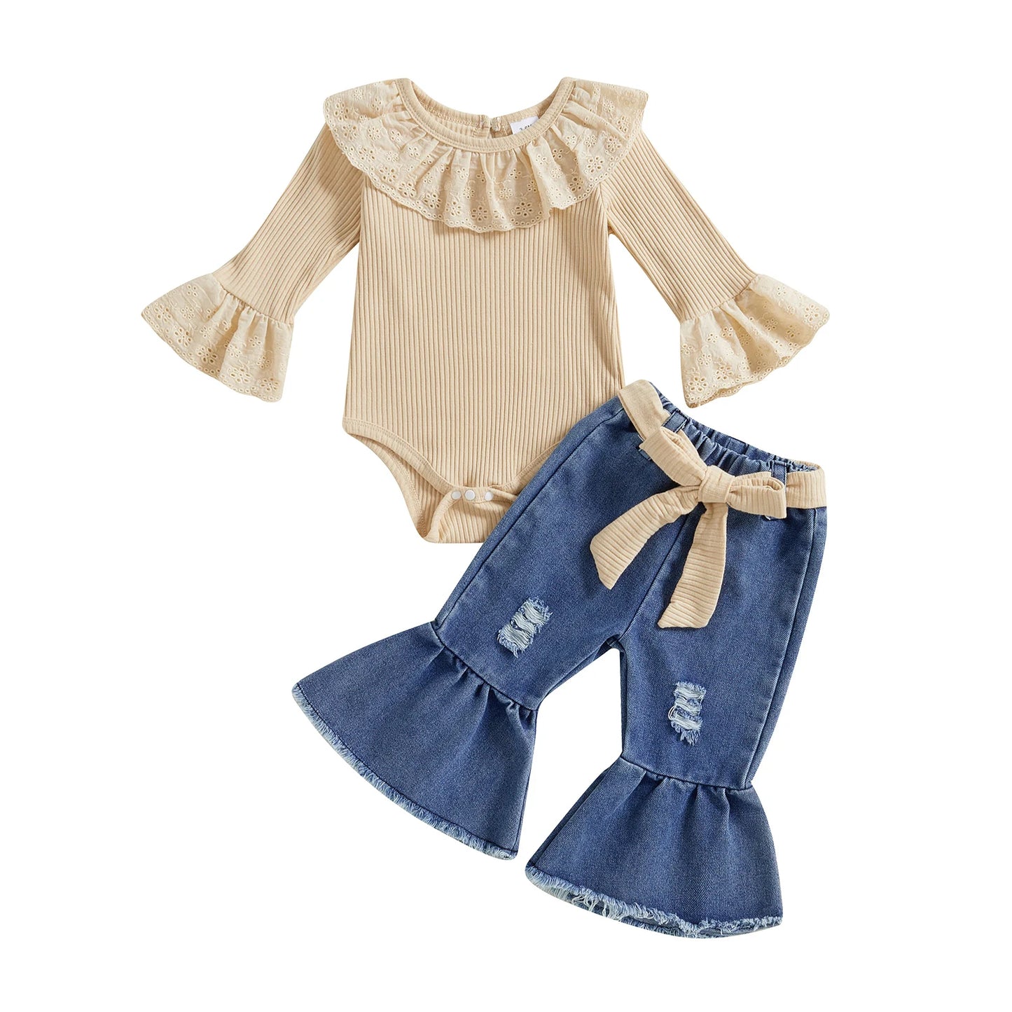 ma&baby 0-18M Newborn Infant Toddler Baby Girls Clothes Sets Long Sleeves Romper Denim Flare Pants Fall Spring Clothing