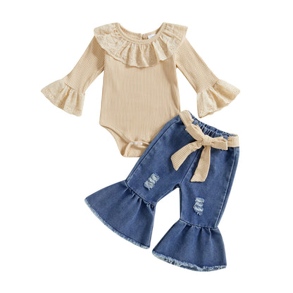 ma&baby 0-18M Newborn Infant Toddler Baby Girls Clothes Sets Long Sleeves Romper Denim Flare Pants Fall Spring Clothing