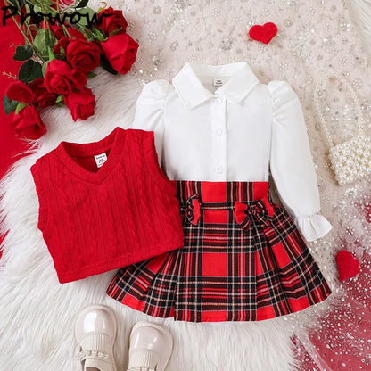 Fashion Baby Girl Winter Clothes White Blouse+Knit Waistcoat+Red Plaid Skirts Sets For Newborn Baby Girl Christmas Outfit Sets