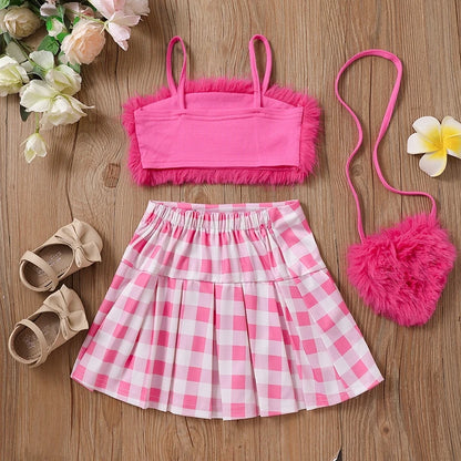 Kids Girl Summer Outfit Casual Plush Sleeveless Camisole Elastic Plaid Pleated Skirt with Crossbody Bag Set for Toddler 2-8Y