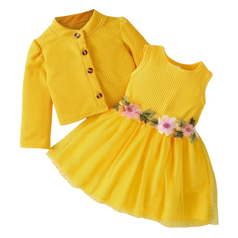 MISOWMNJOY Baby Girl Fall Outfit Spring Fall Long Sleeve Cardigan Coat Flower Embroidery Tulle Tank Dress Toddler 2 Piece Set