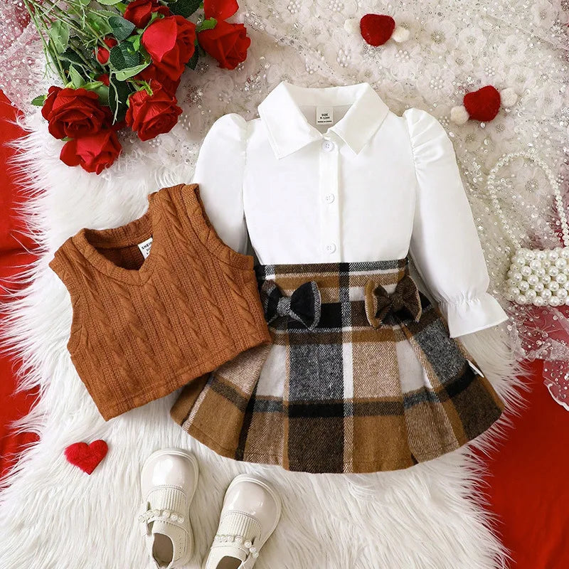 Fashion Baby Girl Winter Clothes White Blouse+Knit Waistcoat+Red Plaid Skirts Sets For Newborn Baby Girl Christmas Outfit Sets