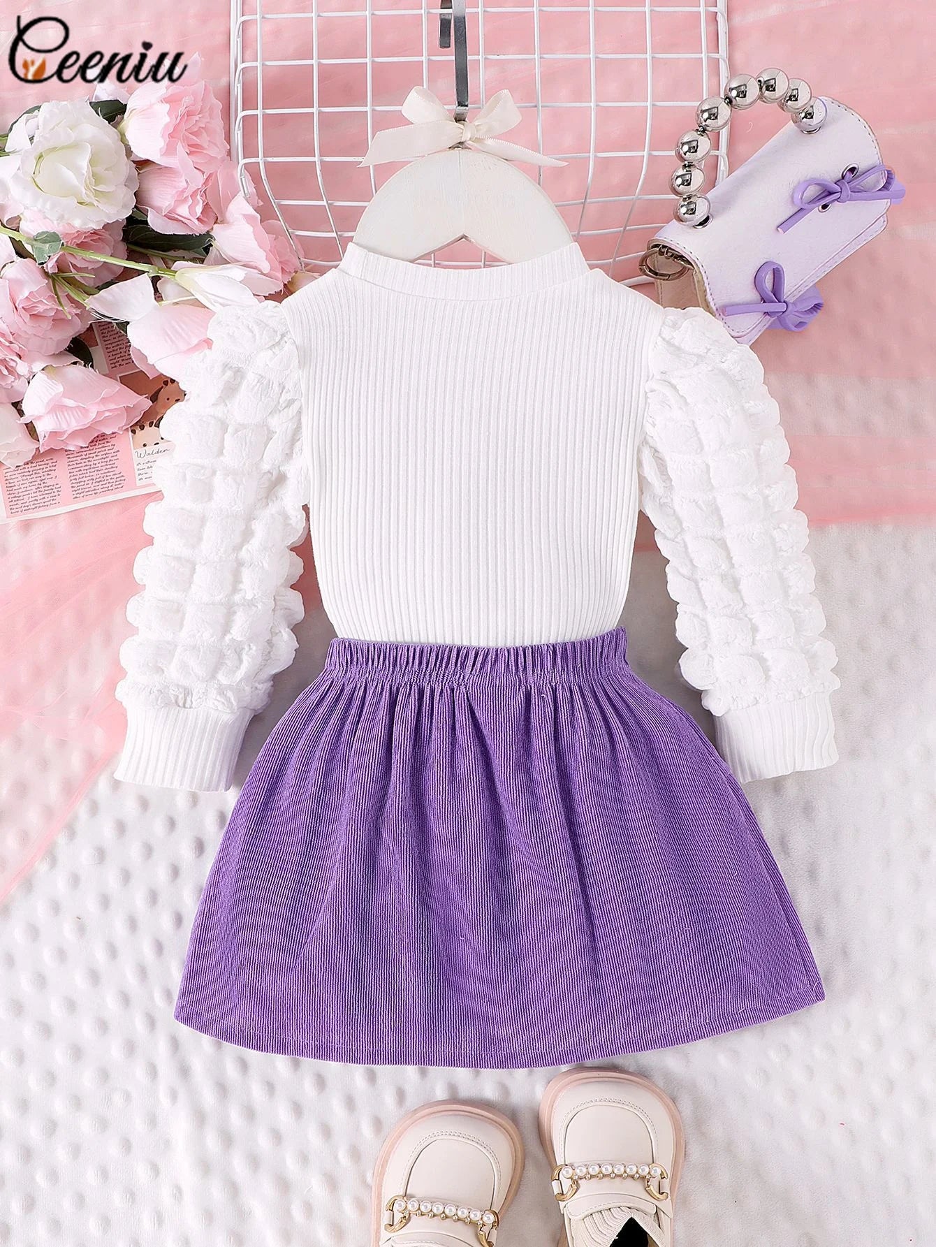 0-3Y Baby Girl Outfit Set 2pcs Puffy Sleeve Heart Shape Top and Corduroy Skirts Valentines Day Sweet Toddler Kids Clothes Girls