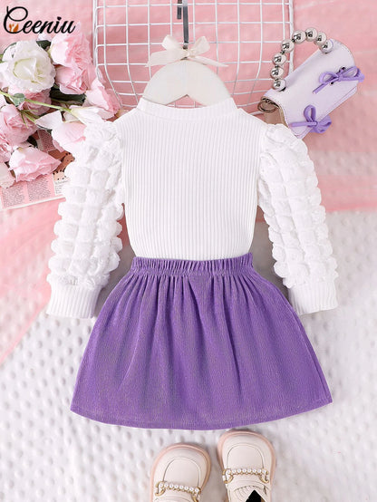 0-3Y Baby Girl Outfit Set 2pcs Puffy Sleeve Heart Shape Top and Corduroy Skirts Valentines Day Sweet Toddler Kids Clothes Girls