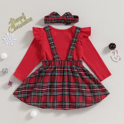 Infant Girl Christmas 3Pcs Outfit Ruffled Long Sleeve Romper A-Line Elk Embroidery Plaid Skirt Bow Headband Set