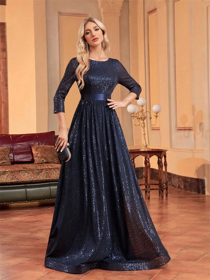 Luxury O-Neck Long Sleeves Sequins Formal Evening Dress Women 2025 Wedding Party Prom Maxi Cocktail Dresses Graduation Vestidos