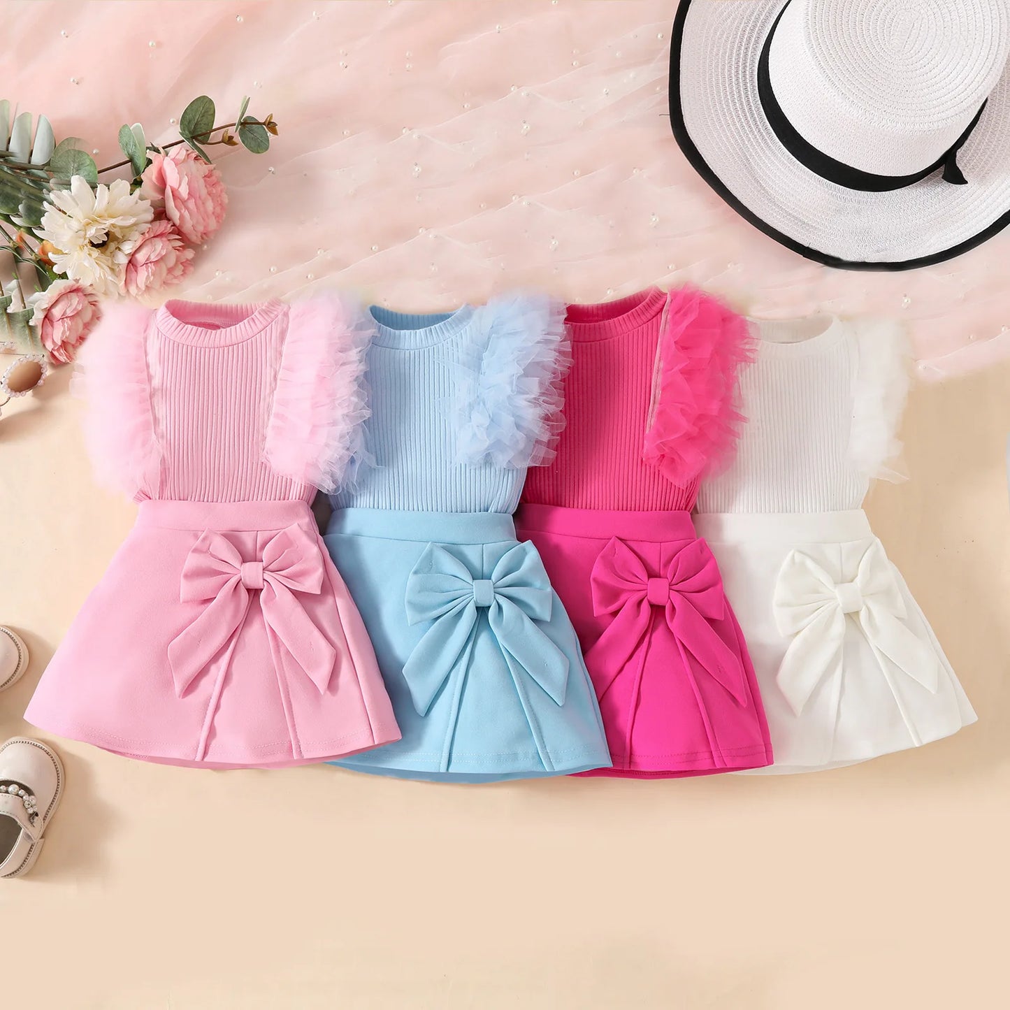 0-3Y Baby Girls Clothes Set 2025 Summer Toddler Outfit Sleeveless Mesh Top+Bow Skirt+Beret 3Pcs Set Cute Infant T-shirt Suit