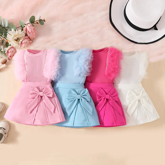 0-3Y Baby Girls Clothes Set 2025 Summer Toddler Outfit Sleeveless Mesh Top+Bow Skirt+Beret 3Pcs Set Cute Infant T-shirt Suit