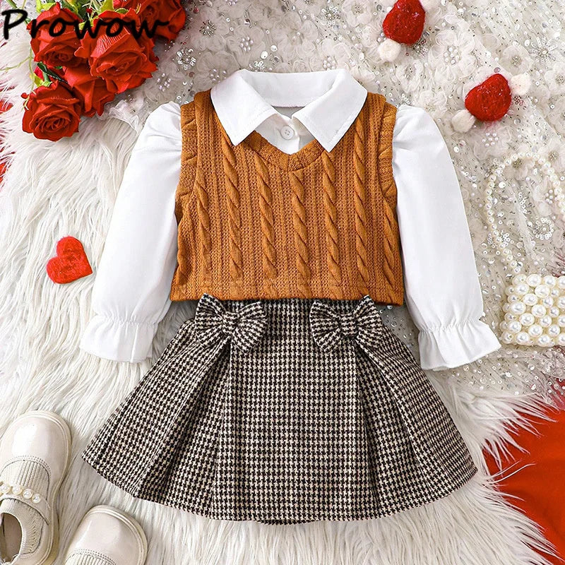 Fashion Baby Girl Winter Clothes White Blouse+Knit Waistcoat+Red Plaid Skirts Sets For Newborn Baby Girl Christmas Outfit Sets