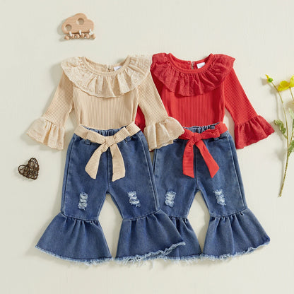 ma&baby 0-18M Newborn Infant Toddler Baby Girls Clothes Sets Long Sleeves Romper Denim Flare Pants Fall Spring Clothing