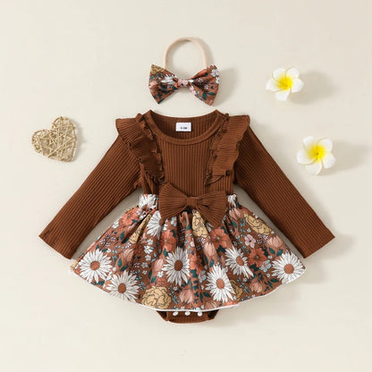 Baby Girl 2pc Outfit Set Flower Print Ruffle Trim Long Sleeve Romper with Bow Headband O-Neck Knit Polyester Daily Wear for 0-1Y