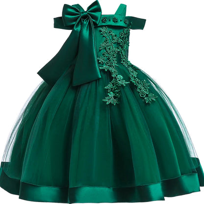 3-10 Years Kids Christmas Party Dresses For Girls Appliques Flower Elegant Wedding Dress With Bow Children Birthday Prom Gown