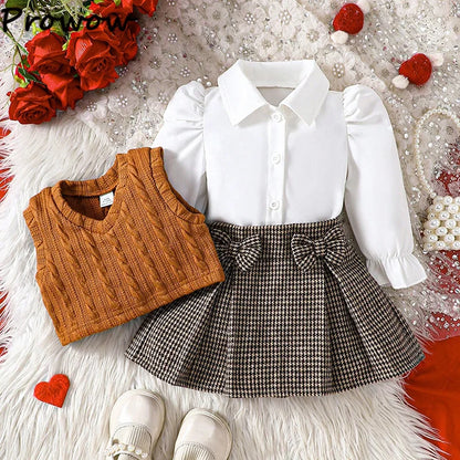 Fashion Baby Girl Winter Clothes White Blouse+Knit Waistcoat+Red Plaid Skirts Sets For Newborn Baby Girl Christmas Outfit Sets