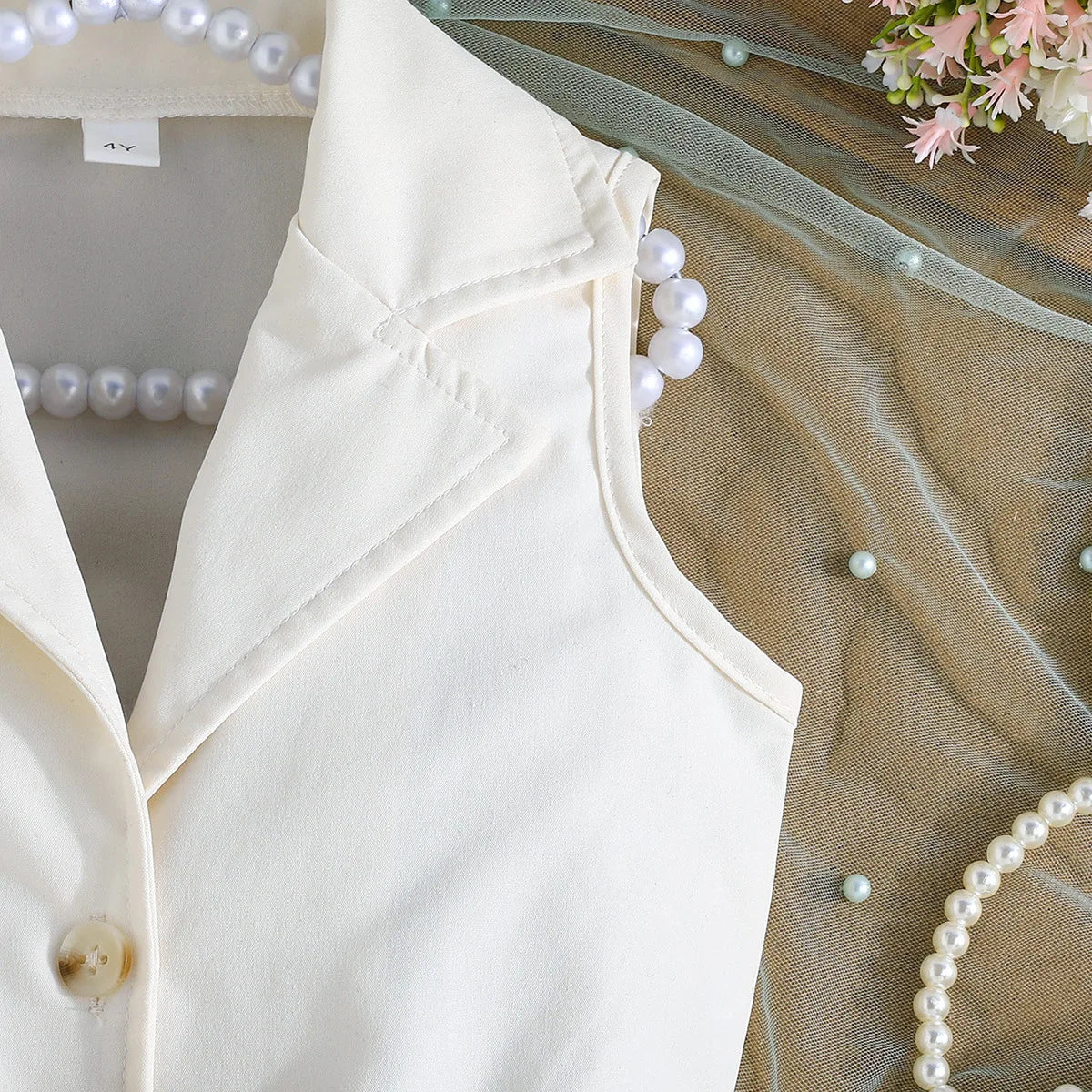 Prowow Girl's Blazer Dresses Sleeveless Lapel Fashion Lace Dress For Kids With Belt 2pcs Children Clothes 3 To 8 Years Old