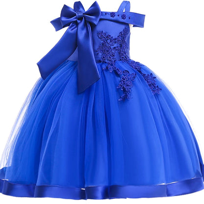 3-10 Years Kids Christmas Party Dresses For Girls Appliques Flower Elegant Wedding Dress With Bow Children Birthday Prom Gown