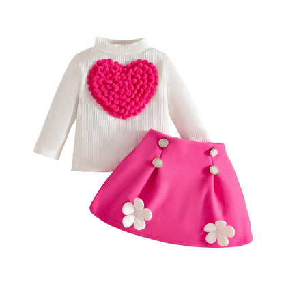 Pudcoco Toddler Baby Girl Fall Outfit Heart Mock Neck Long Sleeve Tops with 3D Flower Mini A Line Skirt 2Pcs Set 6M-4T