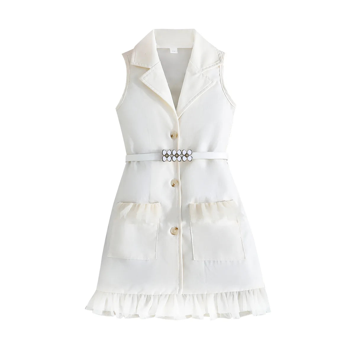 Prowow Girl's Blazer Dresses Sleeveless Lapel Fashion Lace Dress For Kids With Belt 2pcs Children Clothes 3 To 8 Years Old