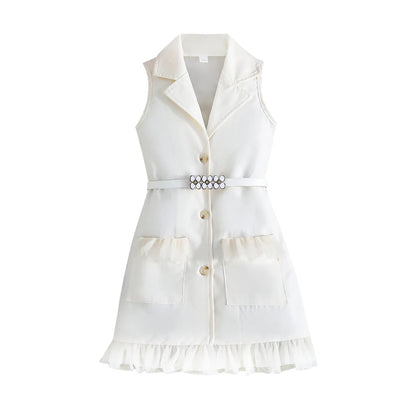 Prowow Girl's Blazer Dresses Sleeveless Lapel Fashion Lace Dress For Kids With Belt 2pcs Children Clothes 3 To 8 Years Old