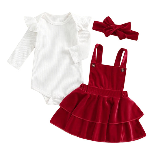 Baby Girl Christmas Outfits Solid Color Ribbed Knit Romper Velvet Ruffles Suspender Skirt Headband 3Pcs Clothes Set