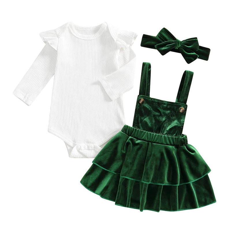 Baby Girl Christmas Outfits Solid Color Ribbed Knit Romper Velvet Ruffles Suspender Skirt Headband 3Pcs Clothes Set