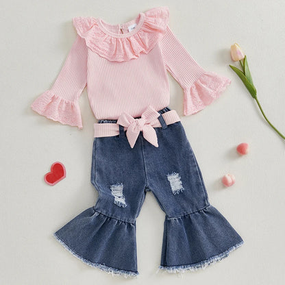 ma&baby 0-18M Newborn Infant Toddler Baby Girls Clothes Sets Long Sleeves Romper Denim Flare Pants Fall Spring Clothing