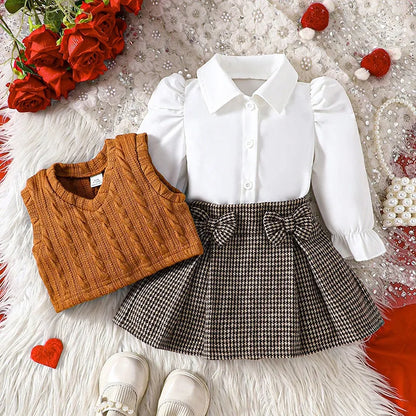 Fashion Baby Girl Winter Clothes White Blouse+Knit Waistcoat+Red Plaid Skirts Sets For Newborn Baby Girl Christmas Outfit Sets