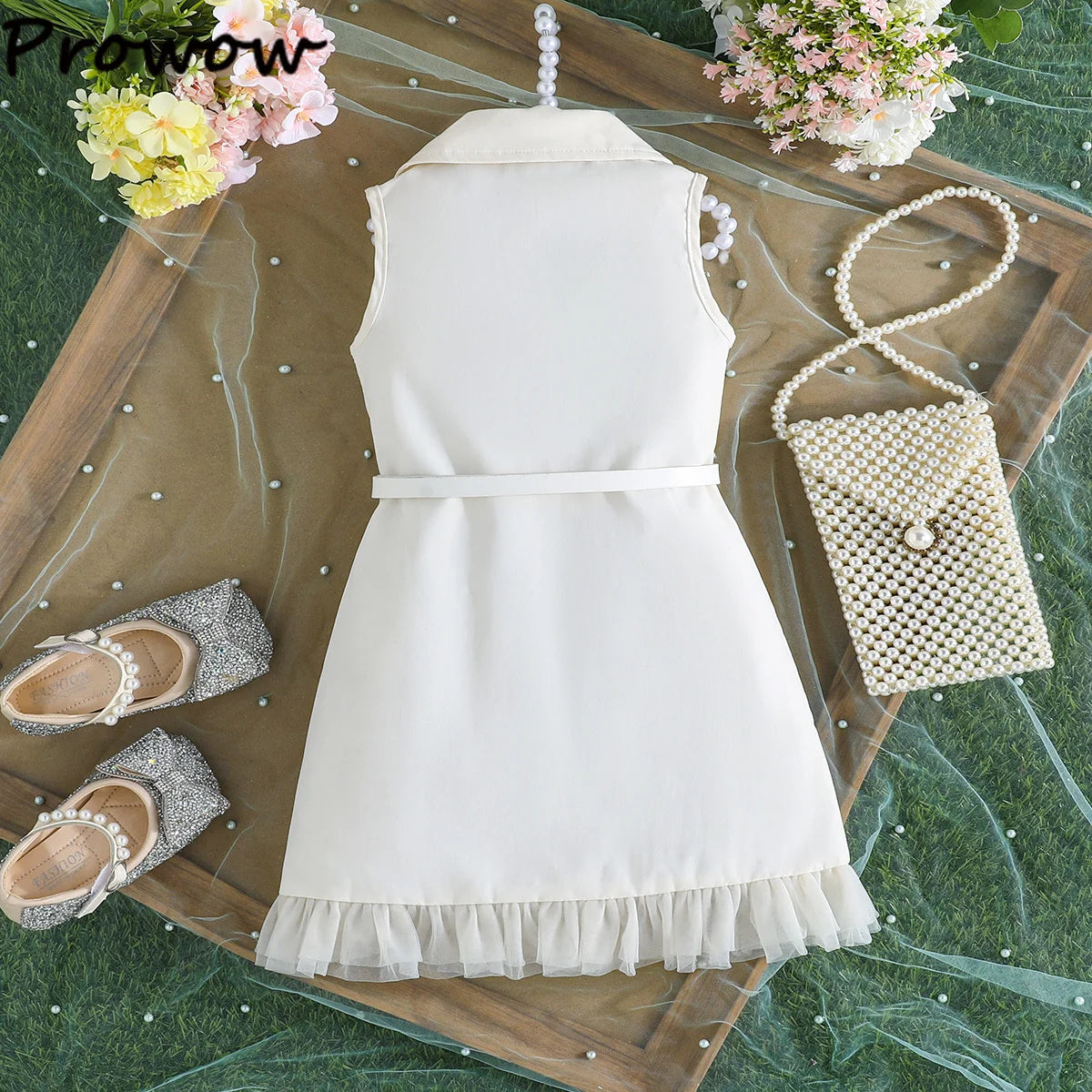 Prowow Girl's Blazer Dresses Sleeveless Lapel Fashion Lace Dress For Kids With Belt 2pcs Children Clothes 3 To 8 Years Old