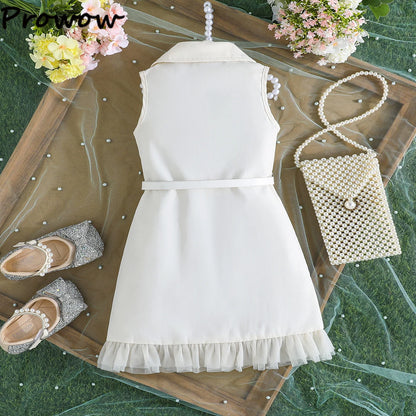 Prowow Girl's Blazer Dresses Sleeveless Lapel Fashion Lace Dress For Kids With Belt 2pcs Children Clothes 3 To 8 Years Old