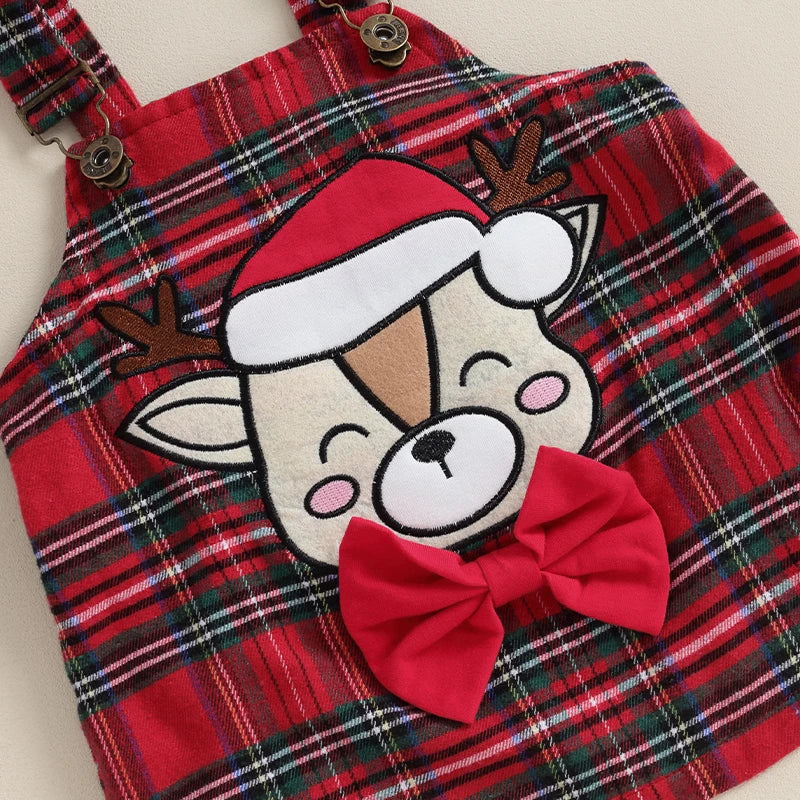 Newborn Baby Girl Christmas Outfits Solid Color Long Sleeve Rompers Deer Patch Plaid Suspender Skirts 2Pcs Clothes Set