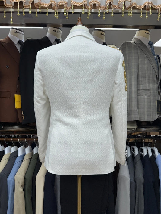Textured White Fully Jacquard Groom Wear Decent Golden Lace 3-pieces Men's Suit Set Formal Banquet Tuxedo Slim Gentleman Outfit