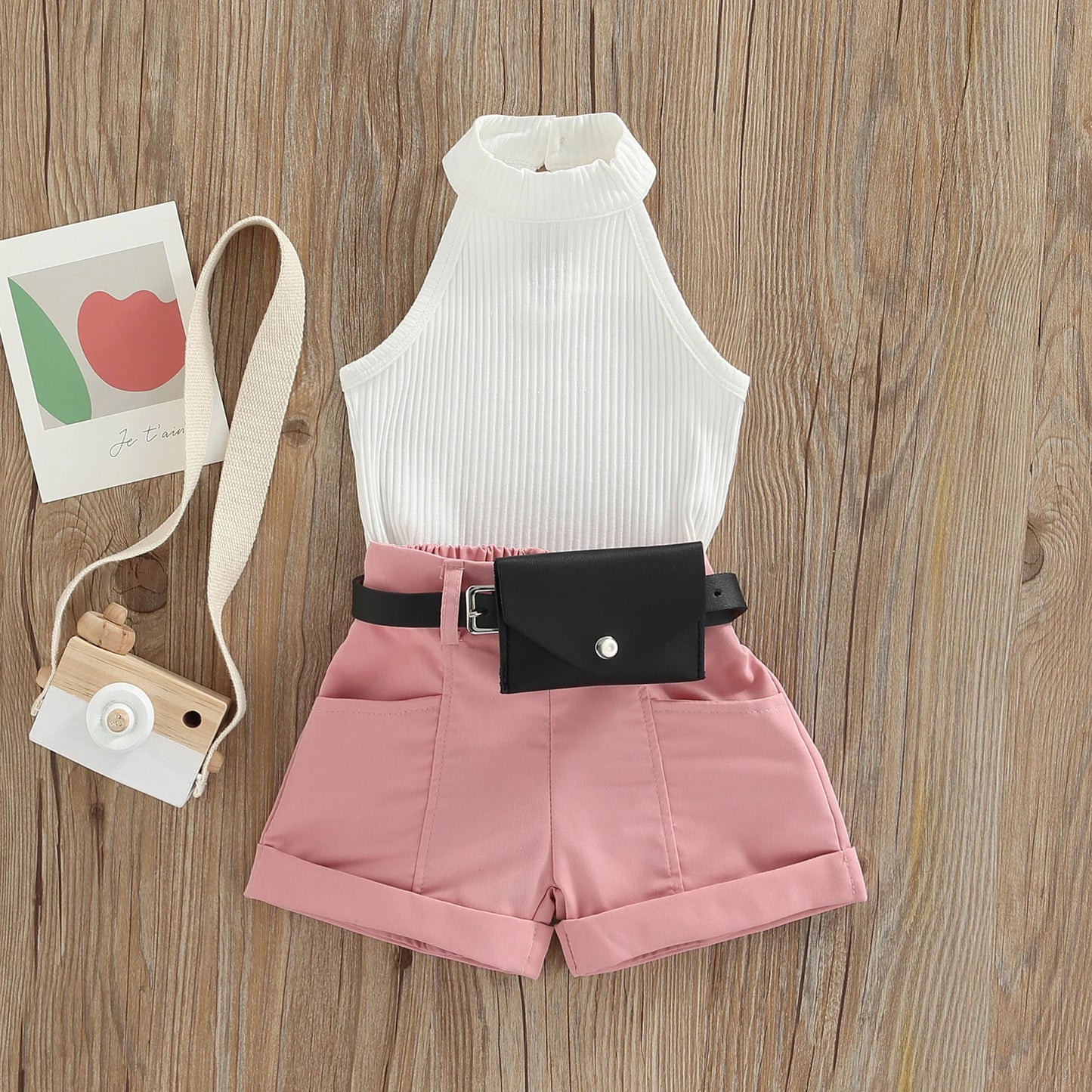 Little Girl Three-Piece Outfits Solid Color Sleeveless Ribbed Stand-Up Collar Tops + Belted Short Pants + Small Waist Pack 6M-4T