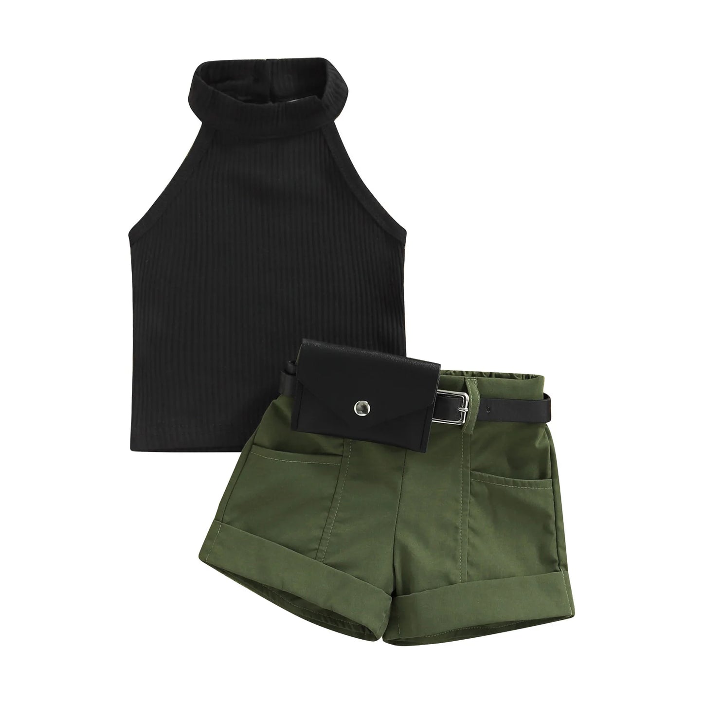 Little Girl Three-Piece Outfits Solid Color Sleeveless Ribbed Stand-Up Collar Tops + Belted Short Pants + Small Waist Pack 6M-4T