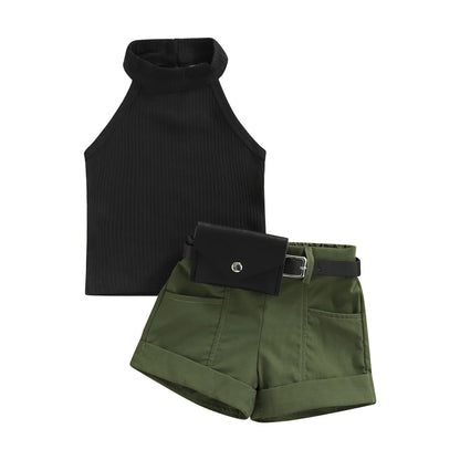 Little Girl Three-Piece Outfits Solid Color Sleeveless Ribbed Stand-Up Collar Tops + Belted Short Pants + Small Waist Pack 6M-4T