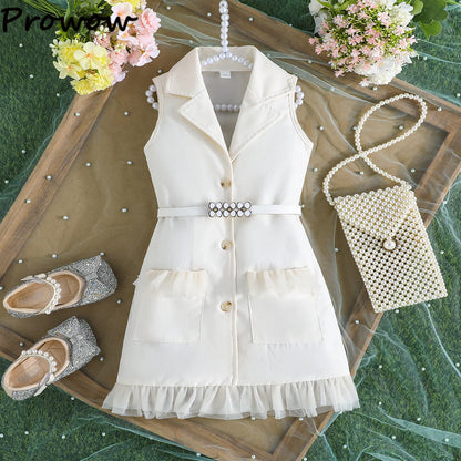 Prowow Girl's Blazer Dresses Sleeveless Lapel Fashion Lace Dress For Kids With Belt 2pcs Children Clothes 3 To 8 Years Old