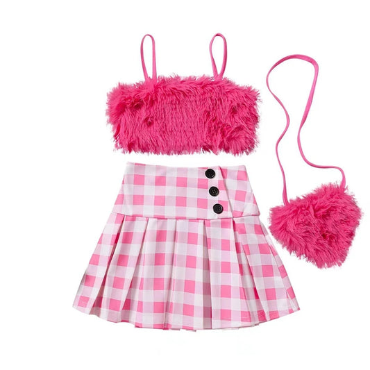 Kids Girl Summer Outfit Casual Plush Sleeveless Camisole Elastic Plaid Pleated Skirt with Crossbody Bag Set for Toddler 2-8Y