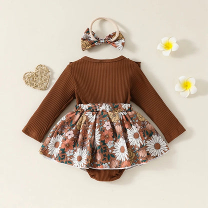 Baby Girl 2pc Outfit Set Flower Print Ruffle Trim Long Sleeve Romper with Bow Headband O-Neck Knit Polyester Daily Wear for 0-1Y