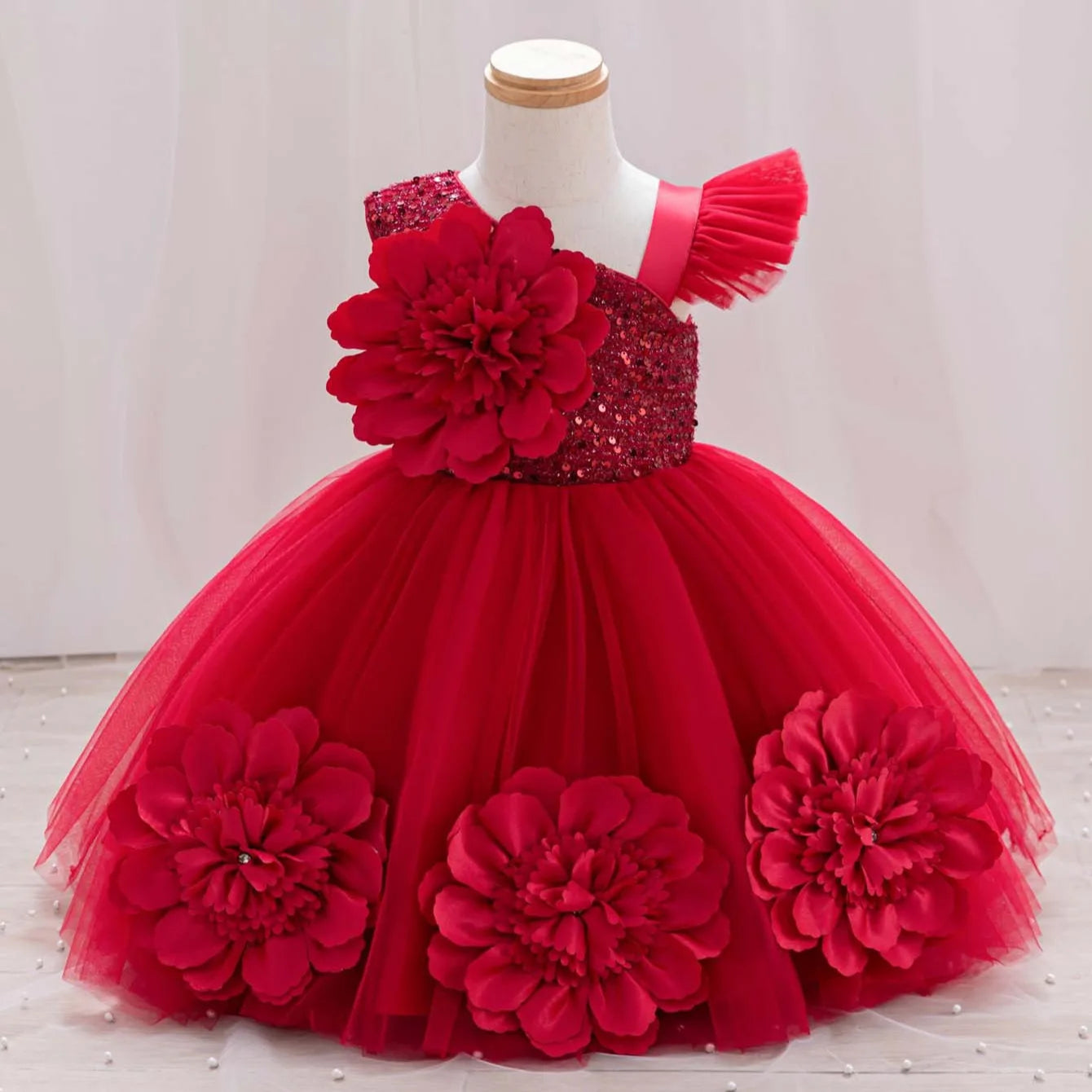 New Red Single Shoulder Sparkling Flying Sleeve Baby's Birthday Party Dress 0-6 Year Old Girl Pageant Dresses for Toddler Girls