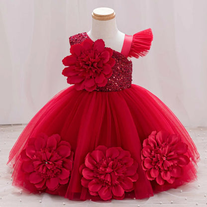 New Red Single Shoulder Sparkling Flying Sleeve Baby's Birthday Party Dress 0-6 Year Old Girl Pageant Dresses for Toddler Girls