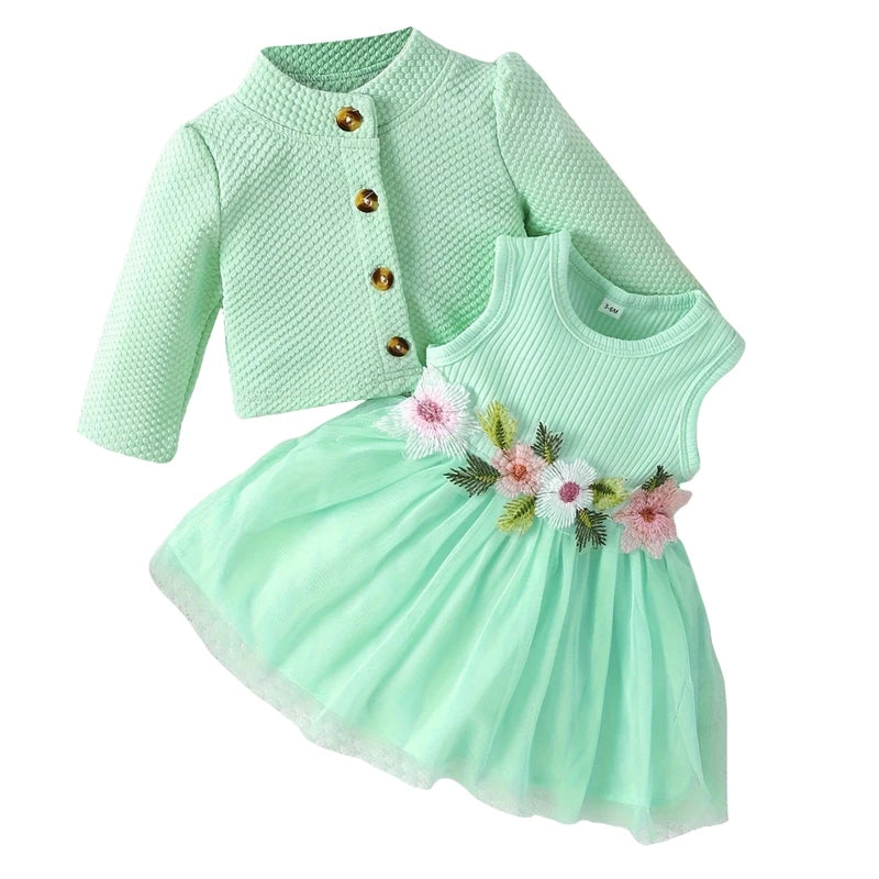 MISOWMNJOY Baby Girl Fall Outfit Spring Fall Long Sleeve Cardigan Coat Flower Embroidery Tulle Tank Dress Toddler 2 Piece Set