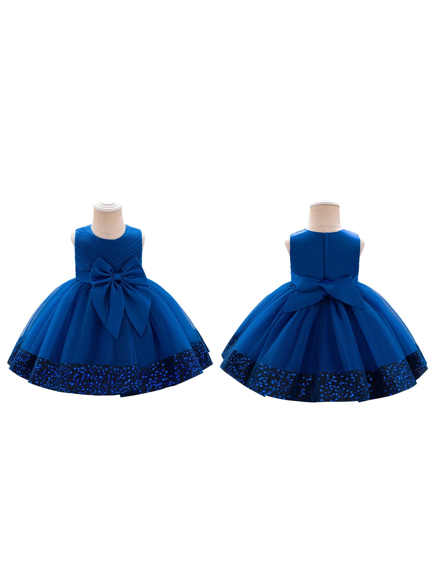 Girls Sleeveless Round Neck Sequins Hem Tulle Patchwork A-line Dress with Sparkling Embellishments and Bow Detail