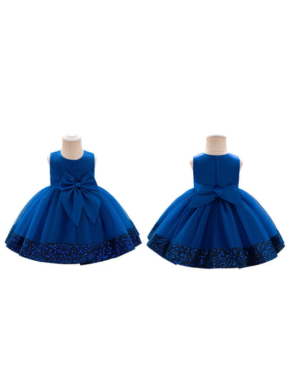 Girls Sleeveless Round Neck Sequins Hem Tulle Patchwork A-line Dress with Sparkling Embellishments and Bow Detail