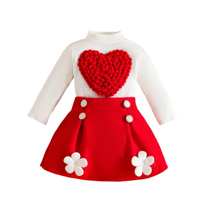 Pudcoco Toddler Baby Girl Fall Outfit Heart Mock Neck Long Sleeve Tops with 3D Flower Mini A Line Skirt 2Pcs Set 6M-4T