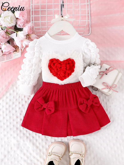 0-3Y Baby Girl Outfit Set 2pcs Puffy Sleeve Heart Shape Top and Corduroy Skirts Valentines Day Sweet Toddler Kids Clothes Girls