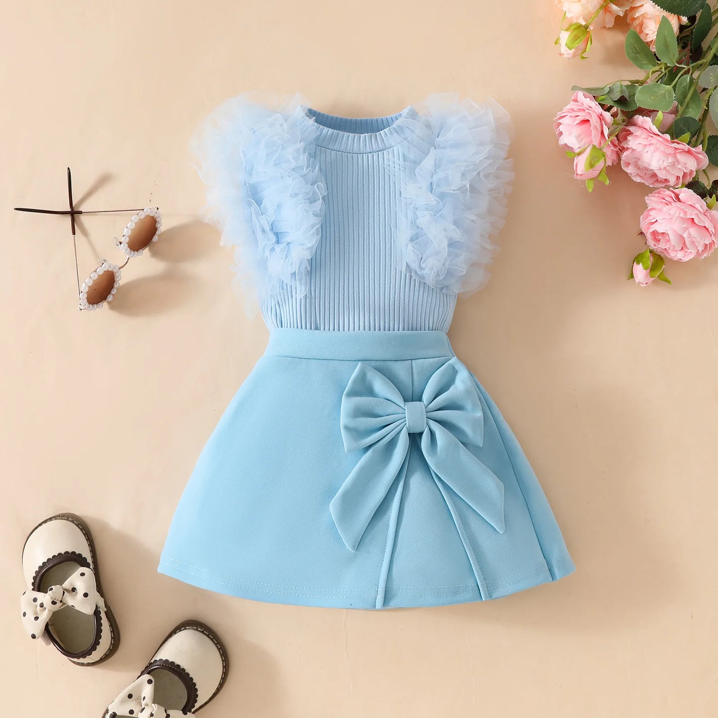 0-3Y Baby Girls Clothes Set 2025 Summer Toddler Outfit Sleeveless Mesh Top+Bow Skirt+Beret 3Pcs Set Cute Infant T-shirt Suit