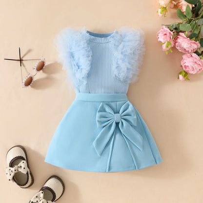 0-3Y Baby Girls Clothes Set 2025 Summer Toddler Outfit Sleeveless Mesh Top+Bow Skirt+Beret 3Pcs Set Cute Infant T-shirt Suit