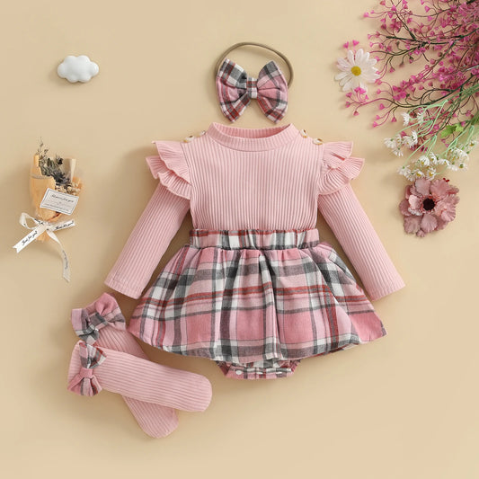 Baby Girl Fall Outfits Long Sleeve Plaid Print Skirt Bodysuit with Headband Socks Set Infant Clothes
